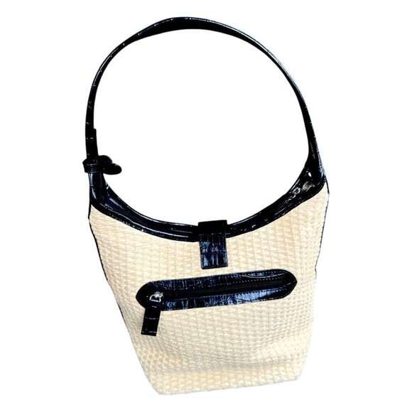 Raffa Straw & Black Crocodile Animal Print Vegan Leather Handbag Silver Hearts - Picture 7 of 13